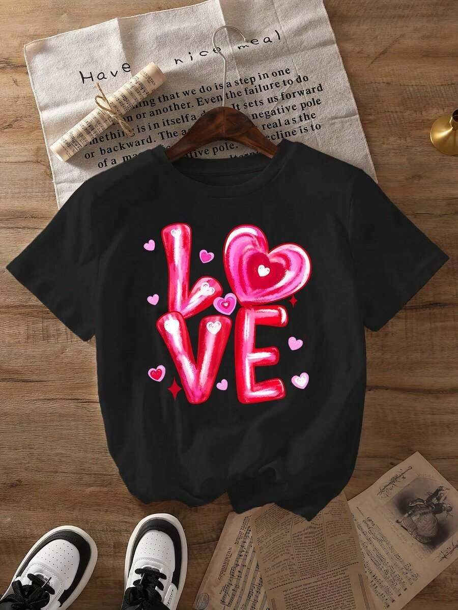 Camiseta Casual de Manga Corta con Cuello Redondo y Estampado de San Valentín de Papua Nueva Guinea, Top de Verano para Mujer, Ecológica - Negro - Ver 1