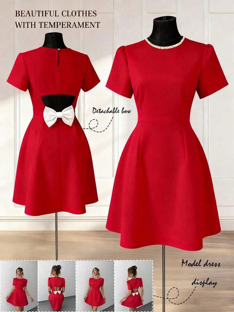 2026 Nuevo vestido blanco elegante y minimalista francés de primavera/verano con cintura estilizadora, decoración de perlas y lazo en la espalda, para el Día de San Valentín; Vestido rojo elegante con cintura ceñida, mangas cortas, lazo en la esp - Rojo - Ver 1