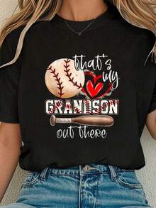 100% Cotton T-Shirt With "That's My Grandson Out There, Baseball Grandma" Print For Mother's Day, Casual Round Neck Short Sleeve T-Shirt, Comfortable For Spring And Summer, Women's Clothing - 黑色 - 查看 1