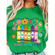 Soft 100% Pure Cotton And Breathable Teacher Appreciation T-Shirt Plus Size - Heart Teaching Graphic, Pastel Colors - Soft And Breathable Cotton Daily Gift For Teachers For Teacher's Day, Back To School - Casual Teacher Clothing, Unisex Summer Top, Elegant Blouses For Women - 綠色 - 查看 7