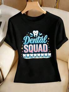 Dental Squad Women's Graphic Tee, Spring Style, Crew Neck, Loose Fit, Urban Hip-Hop Style, Comfortable Fit, Eye-Catching Print. Beautiful Blouses, 100% Cotton. - Black - View 3
