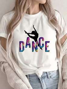 Women's T-Shirt With Dance Print, Colorful Lettering And Silhouette Design, Lightweight Polyester Crew Neck, Ideal For Gym, Studio Or Casual Wear, Comfortable And Stylish For Your Lifestyle. Women's Standard Size Casual T-Shirt, Breathable Lightweight Short Sleeve Tee, Blouses For Women, Shirt - 白色 - 查看 7
