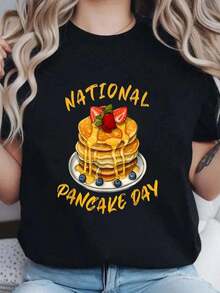 Algodón Camiseta Estampada Del Día Nacional Del Panqueque Para Mujer: Cuello Redondo Suave Con Estampado Happy National Pancake Day, Manga Corta Informal Para Primavera/Verano/Otoño. % Algodón. Blusas Para Mujer Camisa - Negro - Ver 1