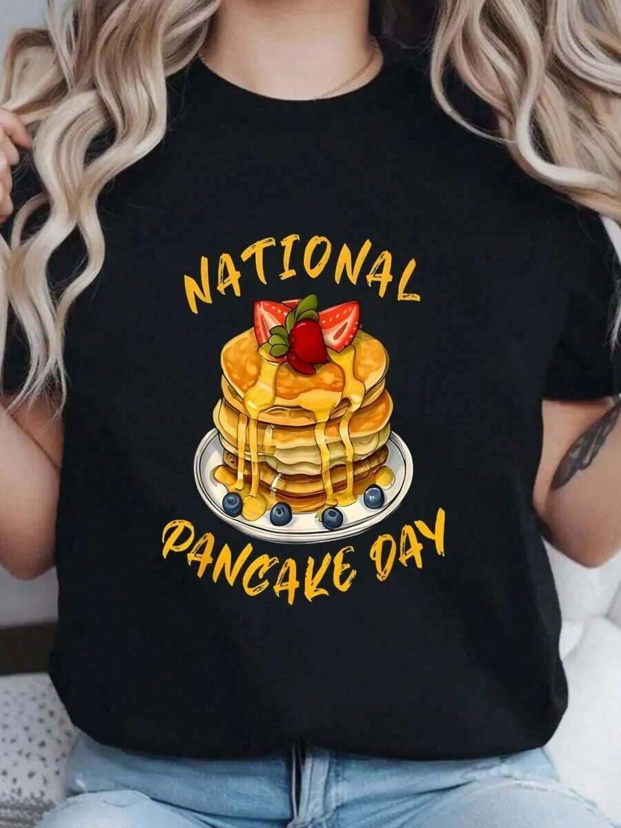 Algodón Camiseta Estampada Del Día Nacional Del Panqueque Para Mujer: Cuello Redondo Suave Con Estampado Happy National Pancake Day, Manga Corta Informal Para Primavera/Verano/Otoño. % Algodón. Blusas Para Mujer Camisa - Negro - Ver 1