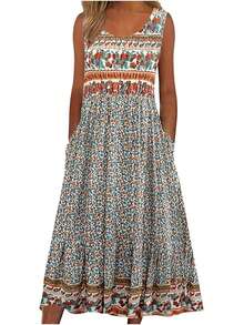 New 2025 Summer! Women's Sleeveless Bohemian Floral Casual MIDI Beach Dress With Flowing Pockets And Loose Fit - 白色 - 查看 12