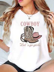 1 Piece Of Women's Western Cowboy Print T-Shirt, Casual Round Neck, Short Sleeve, Medium Stretch Knit Fabric, Regular Fit With Stylish Design For All Seasons, 180g, 100% Cotton. - 白色 - 查看 8