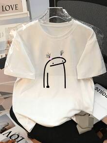 Flork Women's T-Shirt With "Frizzy Hair" Print, Simple Double Ponytail Design, Casual Crew Neck And Short Sleeves, Versatile White Base T-Shirt With The Internet Meme "Hair Disaster". - 白色 - 查看 1