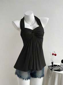 Top de tirantes con estampado de lunares marrones y detalle de nudo en la espalda para mujer, adecuado para verano, vacaciones de primavera, ceremonia de graduación, fiesta de boda, vacaciones elegantes, playa casual, estilo Y2K lindo y sexy y - Negro 3 - Ver 4