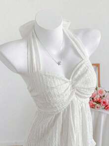 Top de tirantes con estampado de lunares marrones y detalle de nudo en la espalda para mujer, adecuado para verano, vacaciones de primavera, ceremonia de graduación, fiesta de boda, vacaciones elegantes, playa casual, estilo Y2K lindo y sexy y - Blanco - Ver 6