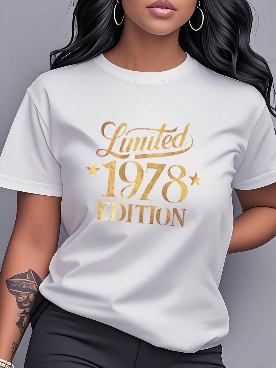 Women's T-Shirt Made Of Pure Cotton, Casual Loose Style, Limited Edition 1978, Printed, Short Sleeve And Round Neck, With Vintage Gold Design, Unique And Modern, Versatile Casual Wear, Suitable For Everyday Wear, Parties And As A Birthday Gift. - 白色 - 查看 1