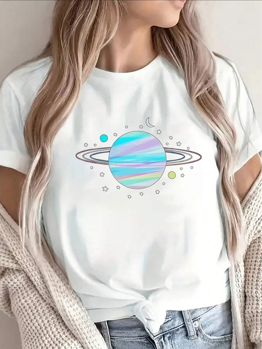 Women's T-Shirt Made Of Pure Cotton, With A Casual, Relaxed Fit, Lightweight And Durable, Featuring A Planet Print, Perfect For Casual Outings. Whether At Home, In A Cafe, Or During Outdoor Activities, It Offers A Comfortable Wearing Experience And Is Suitable For Everyday Wear. - 白色 - 查看 1