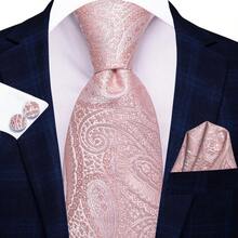 Men's Wedding Pink Paisley Tie Set Includes Pocket Square, Random Cufflinks & Gold Tie Clip, Festive Formal Necktie For Holidays - Pink - View 3
