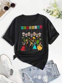 Camiseta de mujer con estampado temático de festival, Día de Muertos mexicano, carnaval, fiesta, manga corta, cuello redondo, top casual para verano y primavera, ropa de mujer, top - Negro - Ver 3