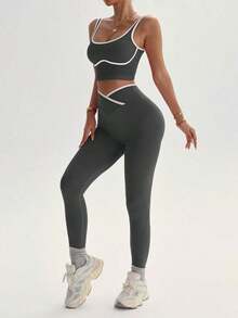 Dewbera Conjunto deportivo de mujer de dos piezas con bloques de color sin costuras, malla de yoga, conjunto de fitness, conjunto de entrenamiento de dos piezas, conjunto activo de dos piezas, conjunto deportivo negro de dos piezas - Gris Oscuro - Ver 5