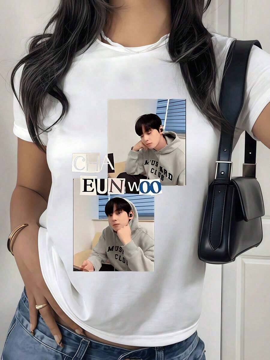 Fashion Printed T-Shirts For Women, Oversized Streetwear Tops, Comfortable And Stylish All-Match Summer Tees. Artistic Portrait With The Lettering CHA EUN Woo Showing A Relaxed And Modern Attitude On A Bright Interior Background. Soft And Comfortable Cotton Women's T-Shirt. - 白色 - 查看 1