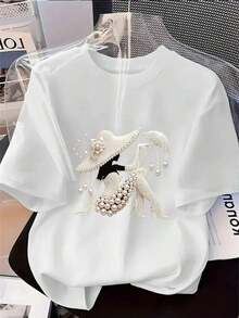 1 pieza Camiseta de mujer con estampado de sombrero de copa con perlas, camiseta de manga corta de moda primavera y verano, estilo casual que combina con todo, el regalo perfecto para novia y esposa. - Blanco - Ver 1