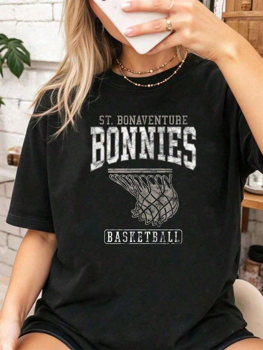 1 Piece Of Women's St. Bonaventure University Bonnies Basketball Hoop Print 100% Cotton T-Shirt, Comfortable And Cozy Summer Styles, Suitable For Women's Casual Daily Wear, 180g 100% Cotton. - 黑色 - 查看 1