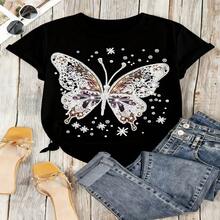 Butterfly Graphic T-Shirt, 100% Cotton Oversized Soft Breathable Casual Crewneck Short Sleeve Top, Romantic Aesthetic Summer Vibes Tee For Women & Nature Lovers - 黑色 - 查看 12