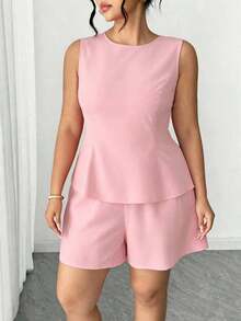 Conjunto de 2 piezas sin mangas rojo para mujer: Top corto con lazo en la espalda + Shorts, adecuado para citas, compras, fiestas, ir al trabajo, estilo elegante - Rosa Pálido - Ver 3