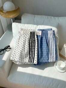 2 piezas Shorts casuales de estilo callejero para mujer con contraste de color en la cinta, shorts de lunares, verano - Multicolor 3 - Ver 6