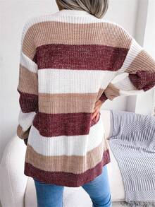 Women's Striped Cardigan Sweater Fall Winter Color Block Long Sleeve Puff Sleeve Open Front Knit Jacket With Pockets - 酒紅色 - 查看 6