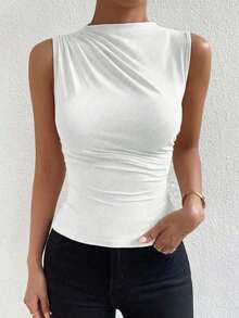 Camiseta sin mangas de corte slim con pliegues de unicolor minimalista para uso diario en verano para mujeres - Blanco - Ver 5