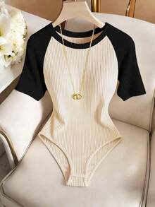 Body elegante y casual para mujer, body de manga corta y cuello redondo para uso diario - Multicolor - Ver 8