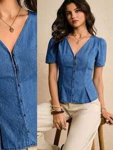 Blusa de mujer de mezclilla, camisa de mezclilla de ajuste ceñido con cuello en V y mangas cortas, camisa de mezclilla azul oscuro, blusa casual de verano y primavera para mujeres, fiesta de San Valentín, salida, blusa casual para mujer estilo Y2 - Azul lavado medio - Ver 8