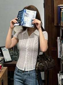 Blusa blanca de manga corta ajustada con cuello para mujer, de unicolor, para el verano - Blanco 3 - Ver 6