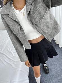 Women's Solid Color Long Sleeve Short Jacket With Utility Pockets, Spring And Autumn Clothing For Women - Grey - View 7