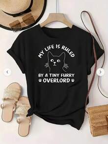 Camiseta casual de talla grande con estampado de gato, tejido de punto, cuello redondo, mangas cortas, ligeramente elástica, tejido de punto, patrón geométrico, corte holgado, adecuada para primavera y verano. - Negro - Ver 2