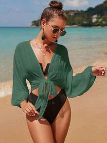 Swim Vcay Kimono corto de manga larga de unicolor y uso diario minimalista para mujer - Verde Oscuro - Ver 7