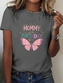 Camiseta de manga corta con estampado de mamá de la niña de cumpleaños, blusa casual para verano y primavera, ropa para mujeres - Gris Oscuro - Ver 6