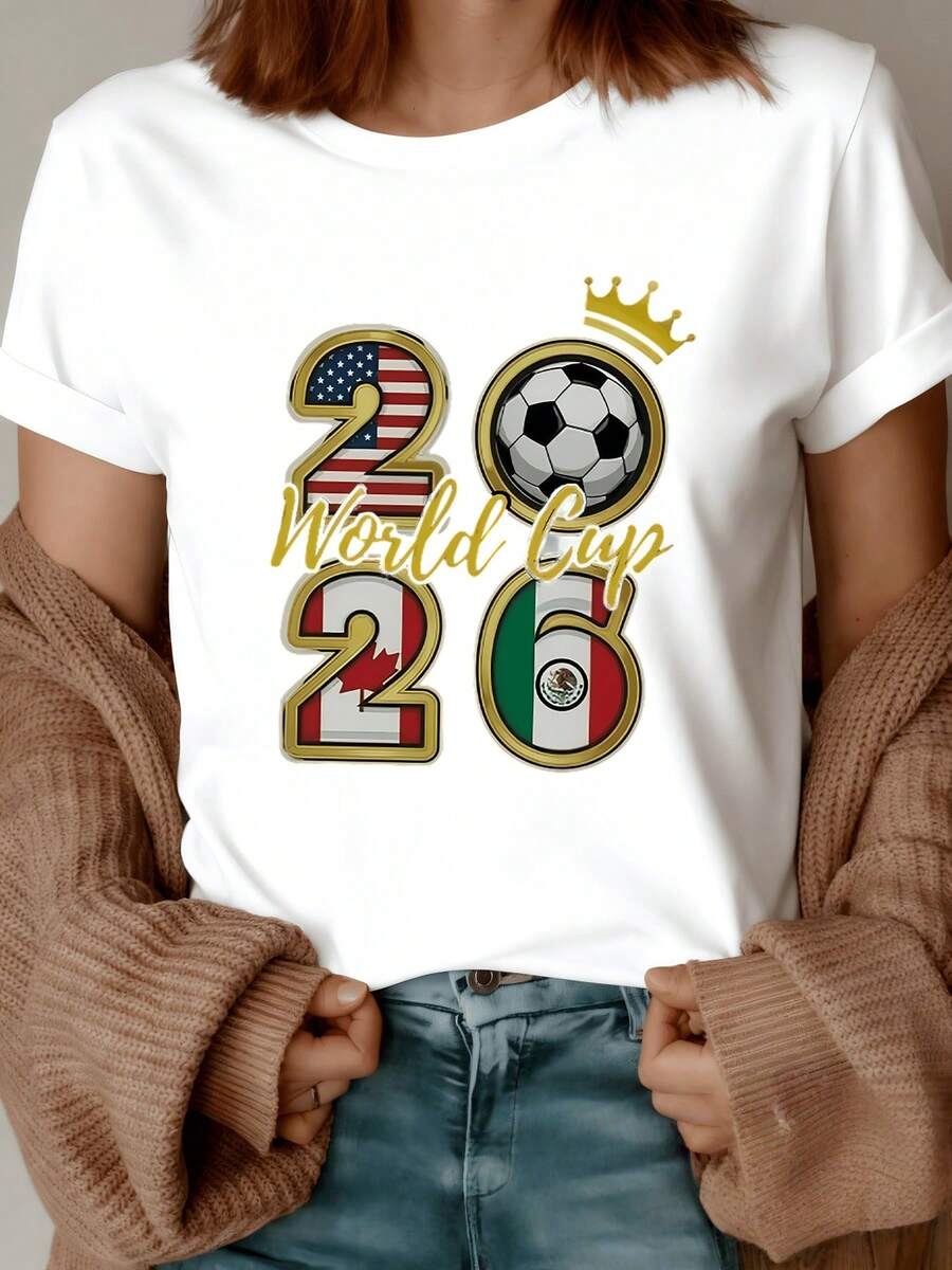 Flags Of The United States, Canada, And Mexico Alongside A Soccer Ball Symbolizing Unity, Passion, And Celebration On The Road To The 2026 World Cup. Women's Casual, Comfortable, And Modern T-Shirt - 白色 - 查看 1