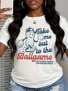 1 Piece "Take Me To The Game" Baseball Fan T-Shirt With Classic Peanut Character Design For Women And Men, Summer Casual Wear, 180g 100% Cotton - 黑色 - 查看 9