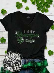 Camiseta gráfica de verano con cuello en V y diseño de corazón para mujer de talla grande - Negro 2 - Ver 7