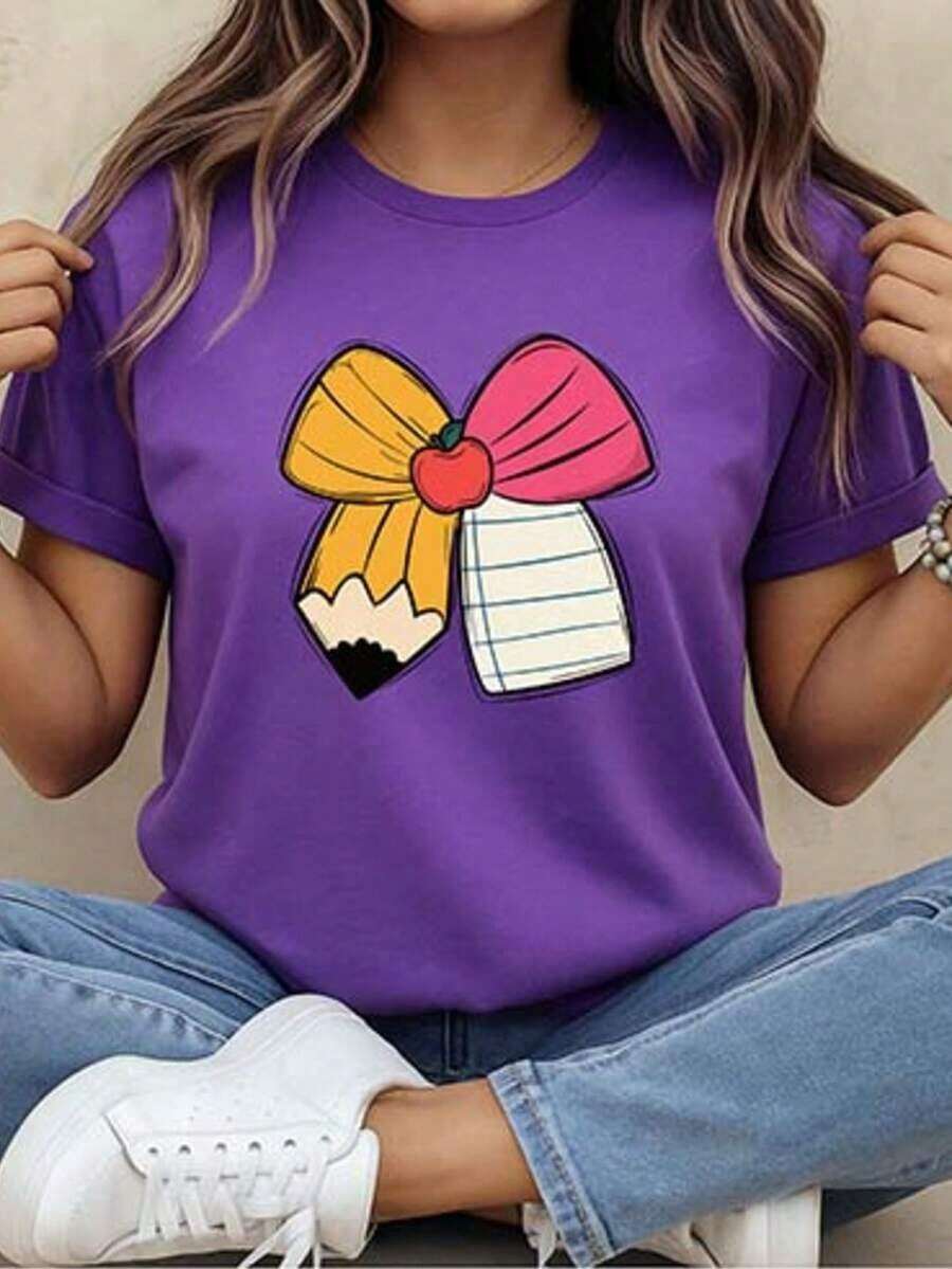 Free Shipping, Local Delivery In Mexico, Delivery In 4 Days. Short-Sleeved T-Shirt With Pencil Print, Round Neck, Women's T-Shirts, Printed Blouses For Women. - 紫色 - 查看 1