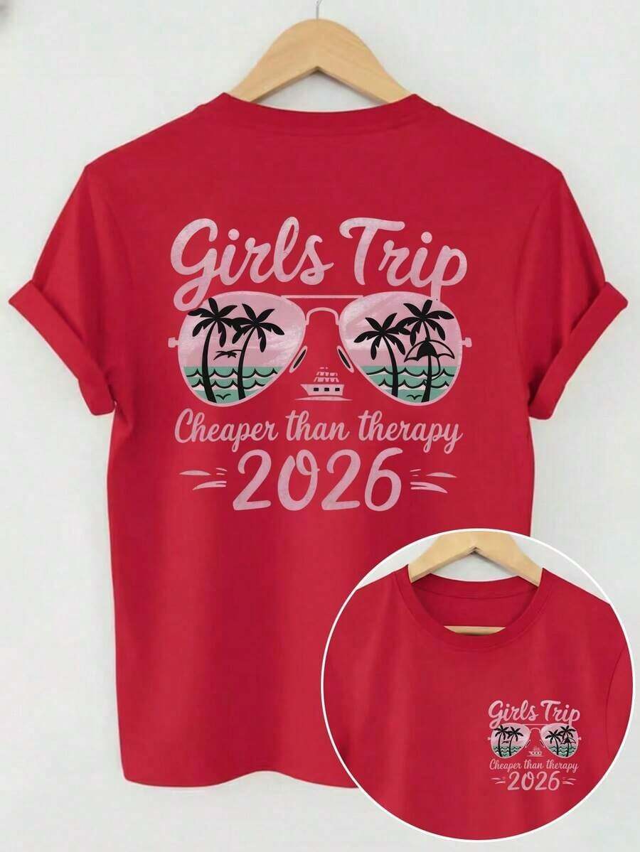 Girls' Travel T-Shirt With Front And Back Graphics 2026, Beach Vacation Style With Palm Trees And Sunglasses, Suitable For Summer Vacation, Women's Solid Color Short Sleeve Casual Top, Round Neck Design, Double-Sided Graphics In Black. - 紅色 - 查看 1