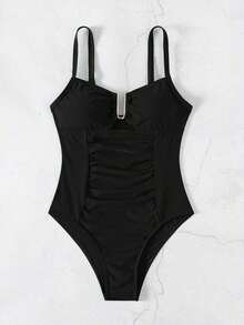 Swim Chiccia Nuevo traje de baño de una pieza elegante de unicolor, exquisito, para mujeres, para playa, natación y spa, temporada primavera/verano 2026 - Negro - Ver 8