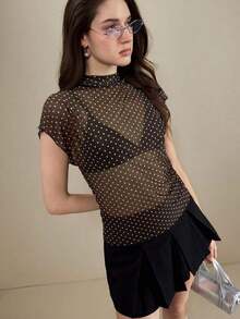amiseta de mujer con cuello Mao, manga de murciélago y estampado de lunares transparente.Versátil para el verano, elegante para el transporte urbano, estilo académico vintage, ocasión formal de oficina Y2K, transporte urbano el - Marrón - Ver 4
