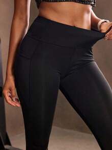 Mallas deportivas de cintura ancha con bolsillo para teléfono, pantalones de yoga para mujer - Negro - Ver 5