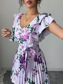 Vestido elegante y romántico para vacaciones con cuello en V con volantes, cintura ceñida y estampado de lunares en forma de línea A para mujeres - Multicolor 9 - Ver 4