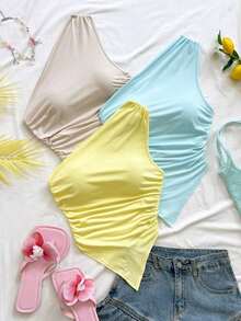 3 piezas Conjunto informal de verano de 2 piezas para mujer con parte superior de hombro asimétrico y bajo asimétrico, adecuado para volver al colegio, té de la tarde, casual, invitada a boda en la playa, brunch de graduación, Día de San Patricio, - Multicolor 9 - Ver 5