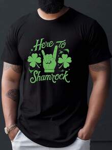 Camiseta Gráfica para Hombre "Here to Shamrock" - Camiseta Casual Negra de Manga Corta con Texto Blanco y Diseño de Trébol de Cuatro Hojas, Perfecta para el Día de San Patricio y Celebraciones de Verano, Camiseta de Cuello Redondo para Atuendo de San Patricio, Fibra de Algodón, Camiseta Gráfica Casual - Negro - Ver 1