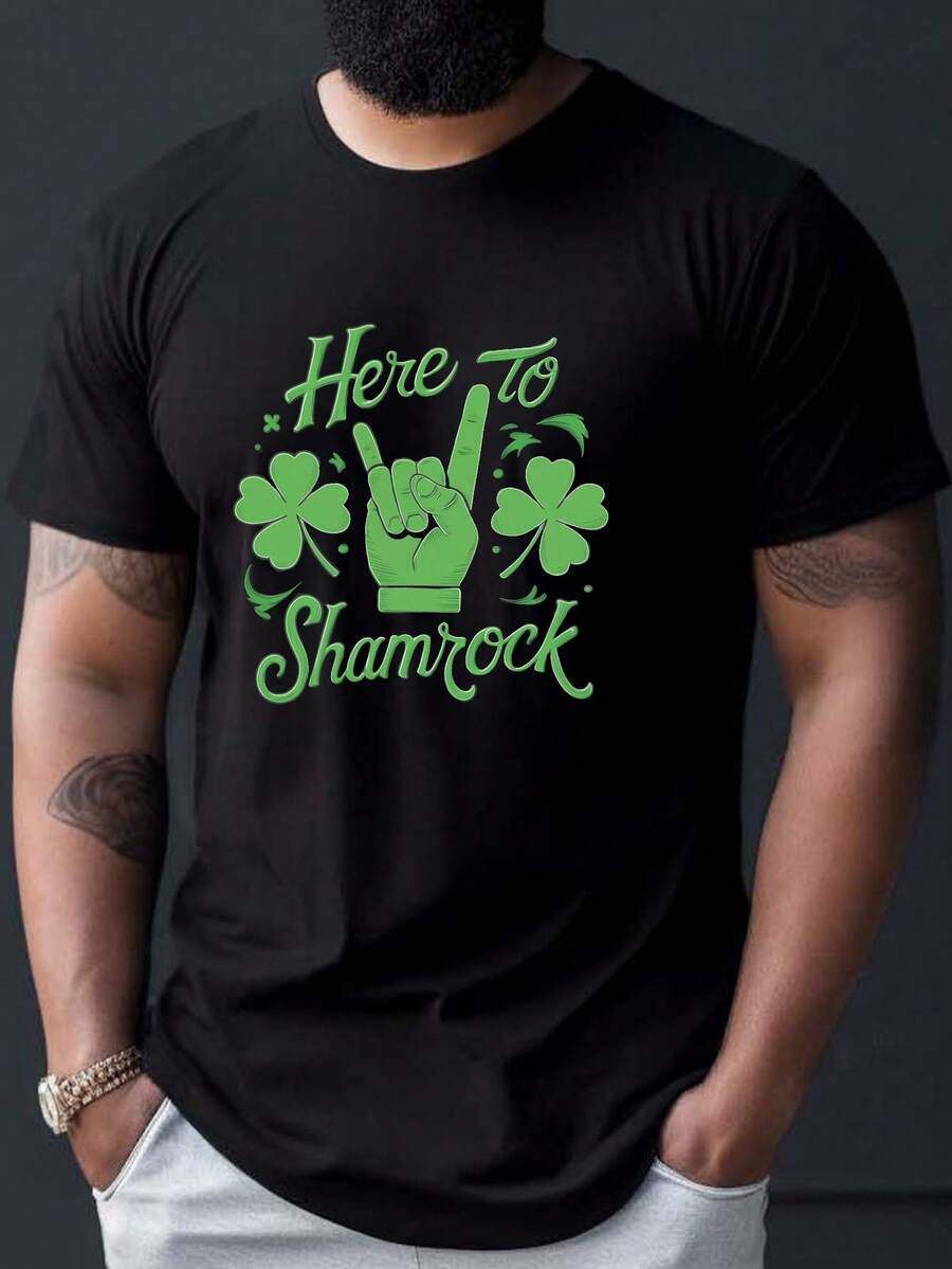 Camiseta Gráfica para Hombre "Here to Shamrock" - Camiseta Casual Negra de Manga Corta con Texto Blanco y Diseño de Trébol de Cuatro Hojas, Perfecta para el Día de San Patricio y Celebraciones de Verano, Camiseta de Cuello Redondo para Atuendo de San Patricio, Fibra de Algodón, Camiseta Gráfica Casual - Negro - Ver 1