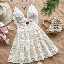WYWH Women's Boho White Floral Mini Dress With Spaghetti Straps And Ruffle Flounce Hem, Perfect Sleeveless Summer Beach Wear White Summer Dress Beach Vacation Dress White Floral Dress Vacation Dress Boho White Dress - Blanco - Ver 1