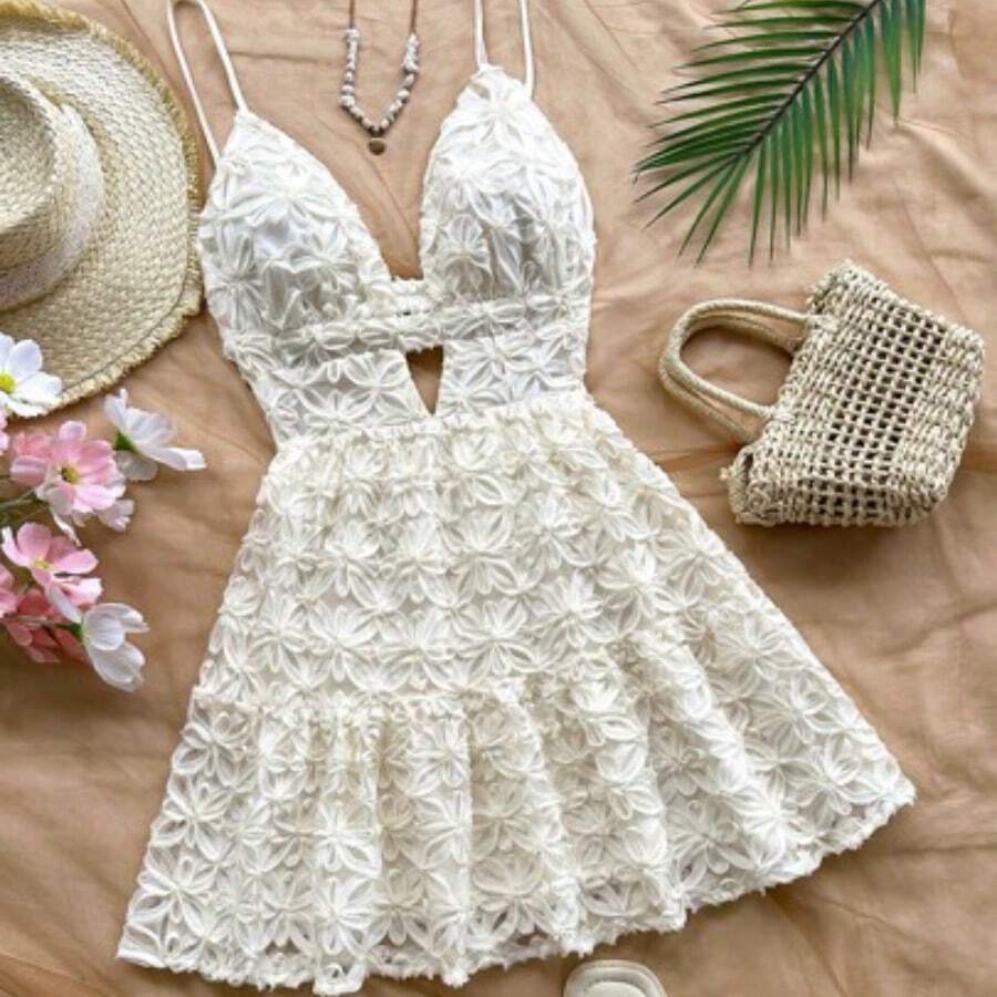 WYWH Women's Boho White Floral Mini Dress With Spaghetti Straps And Ruffle Flounce Hem, Perfect Sleeveless Summer Beach Wear White Summer Dress Beach Vacation Dress White Floral Dress Vacation Dress Boho White Dress - Blanco - Ver 1