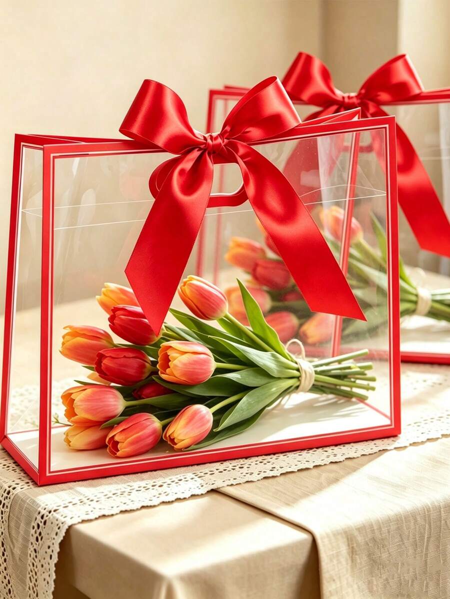 8 hộp quà bằng nhựa trong suốt có tay cầm, tái sử dụng, kèm ruy băng, thích hợp làm quà tặng Ngày của Mẹ, đám cưới, lễ tốt nghiệp, tiệc cô dâu, tiệc mừng em bé (Màu đỏ) - nhiều màu - Xem 1