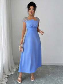 Vestido ajustado de mujer casual con parches y mangas de malla - Negro - Ver 11