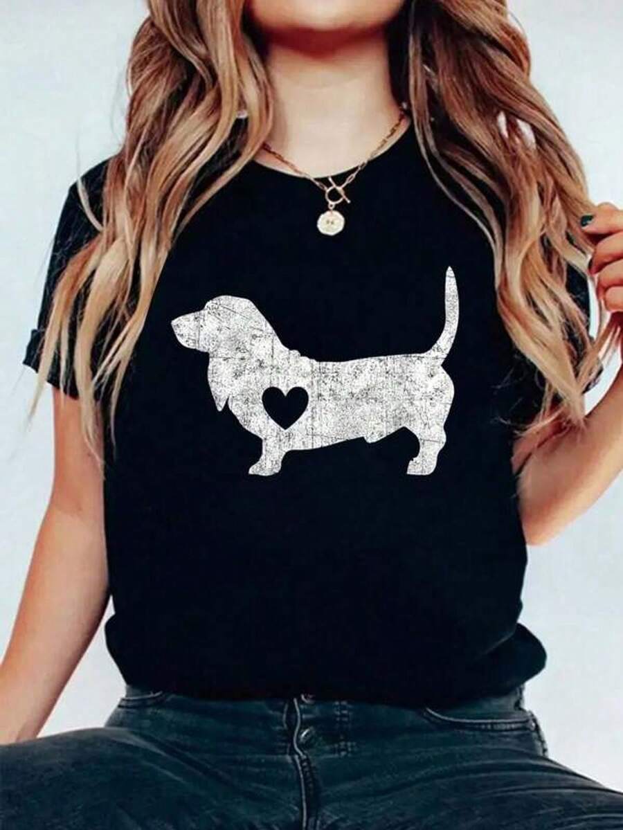 Men's And Women's Casual T-Shirt With Vintage Basset Hound Dog Heart Design, Summer Short-Sleeved Graphic Design T-Shirts, Women's T-Shirts - 黑色 - 查看 1